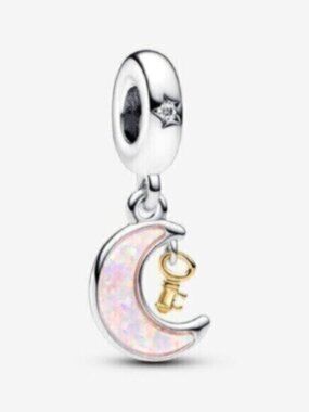 Pandora Silver Moon Opal Dangle Charm with Gold Key Accent